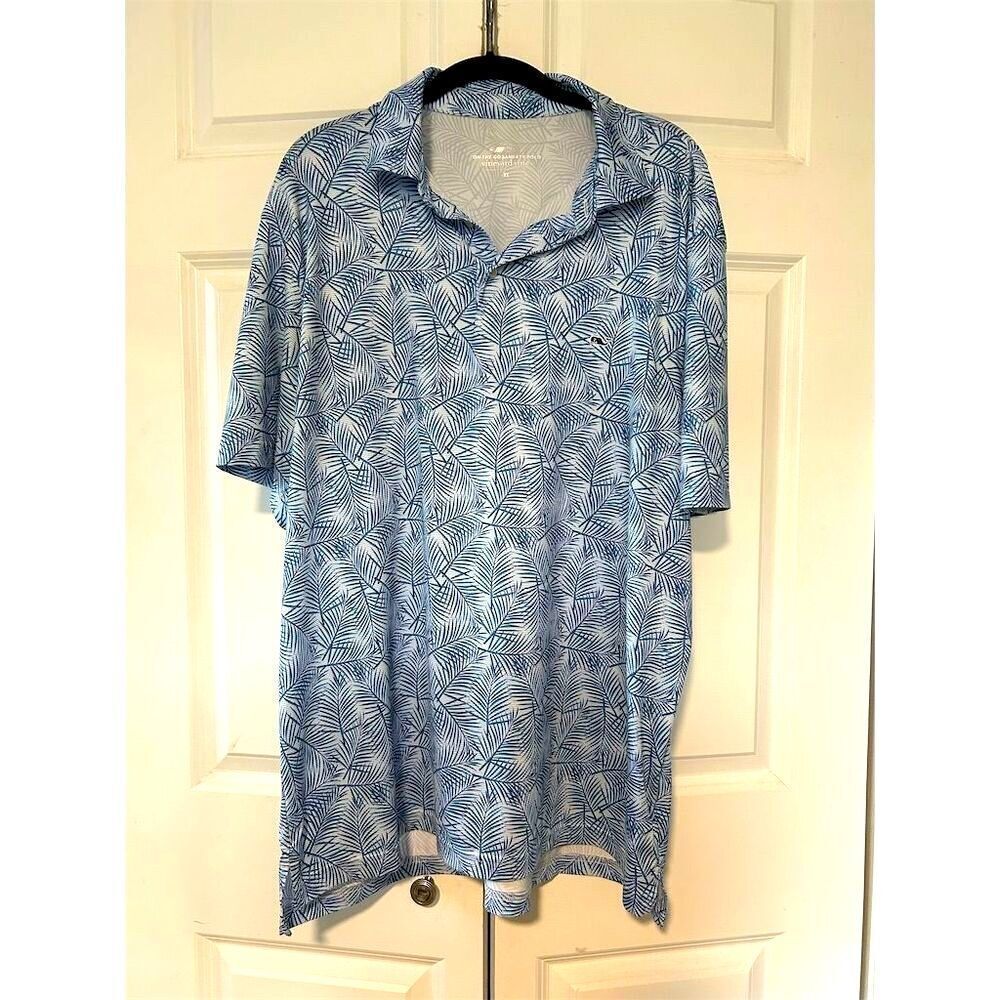 Vineyard Vines Men's XL Blue Palm Leaves Polo Shirt Short Sleeve